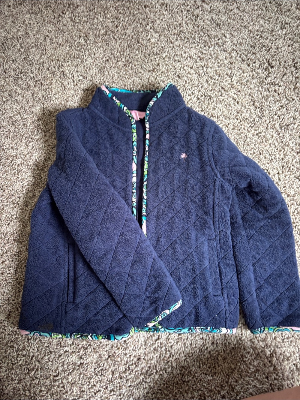 Lilly Pulitzer Navy Quilted Fleece Jacket with Pink Palm Logo